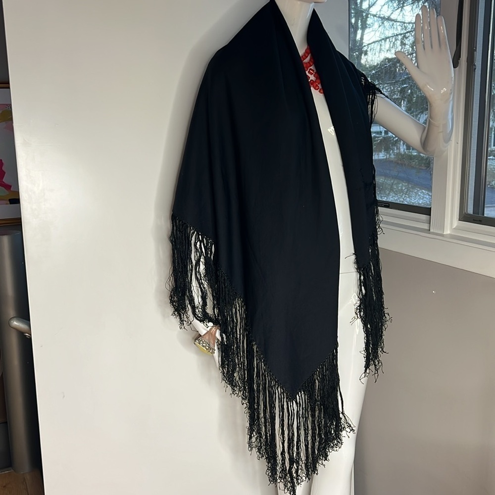Large 62” Square Vintage Black Poly Embroidered 10” Tassels Piano Shawl Wrap - Picture 6 of 8